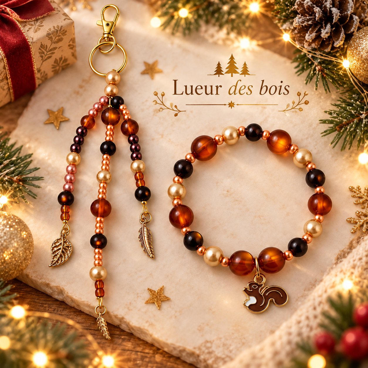 Ensemble "Lueur des bois",  bracelet et bijou de sac assortis 🐿️🍂 — visuel 1