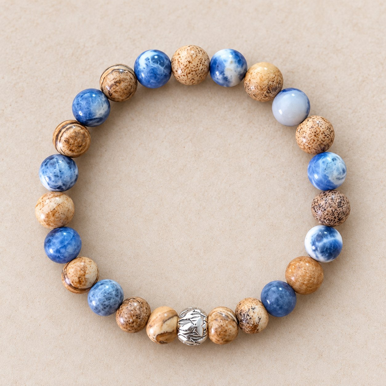 🌊💎 Bracelet « Écho des falaises » – Jaspe paysage & larvikite – Gris pierre & sable clair ✨⠋