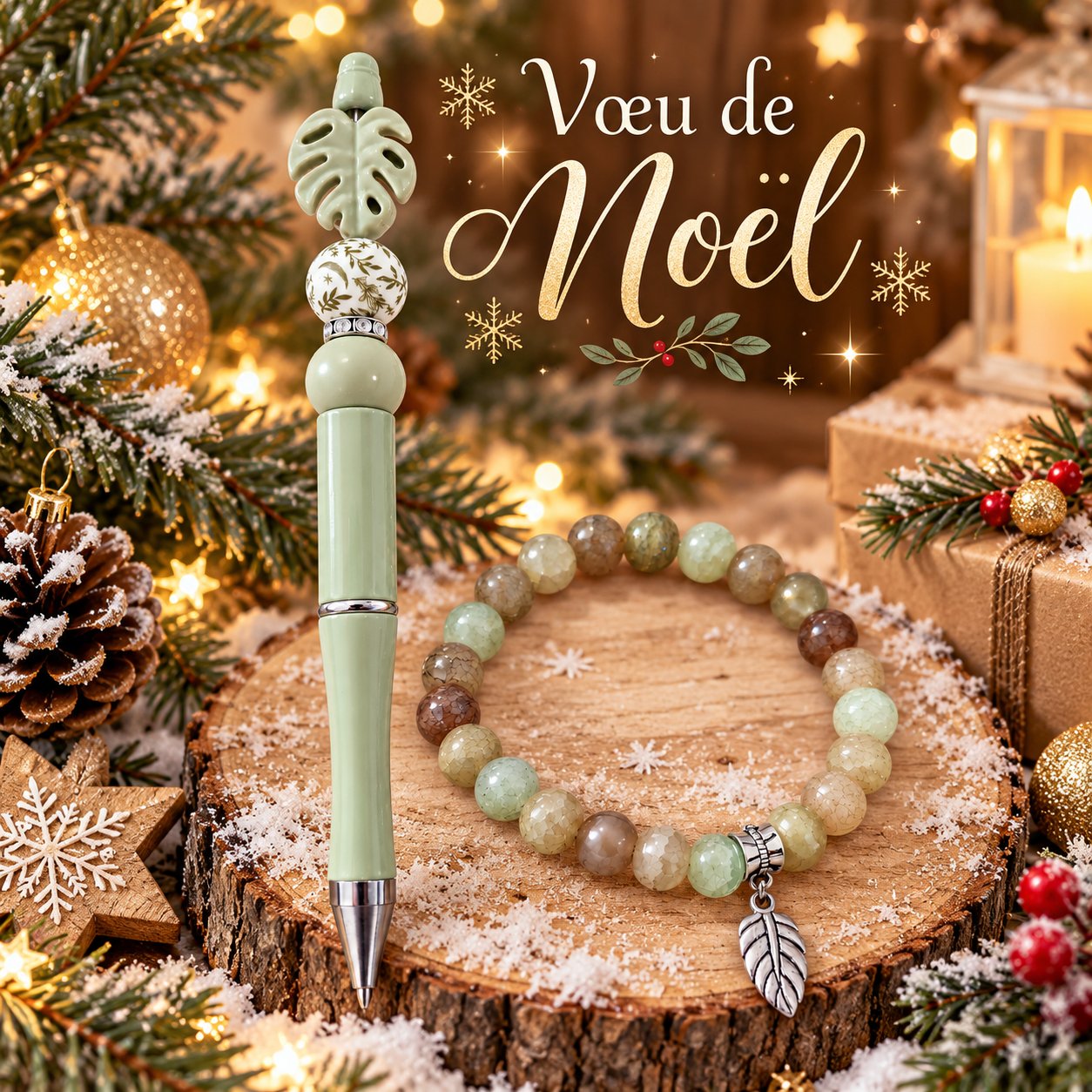 🎄 Duo "Vœu de Noël "– Bracelet & stylo aux teintes douces 🌿- — visuel 1