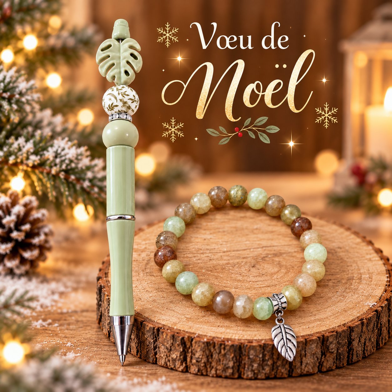 🎄 Duo "Vœu de Noël "– Bracelet & stylo aux teintes douces 🌿- — visuel 1
