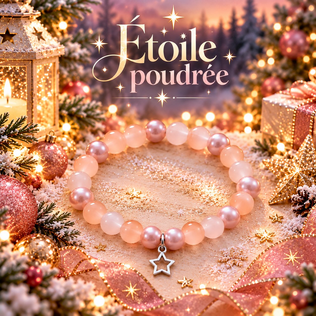– Bracelet fantaisie de perles roses et breloque étoile ✨- 🌸 Étoile poudrée — visuel 1