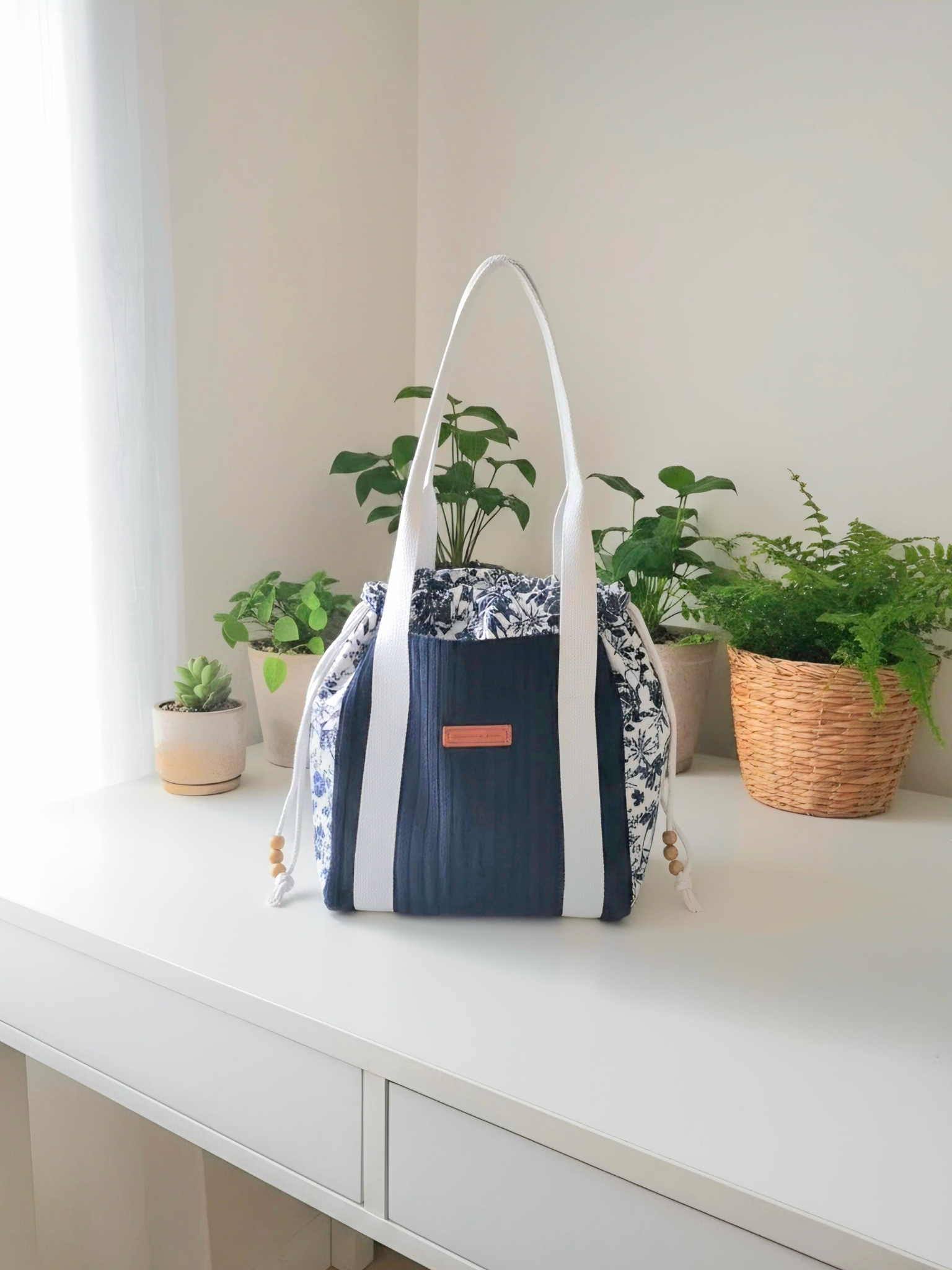 Sac seau Rétro Chic - Bleu & blanc — visuel 1