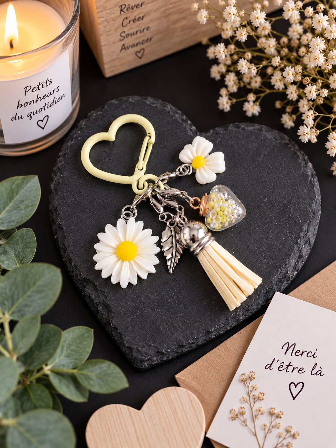 Porte-clés marguerites avec pompon crème et breloques fleuries — visuel 1