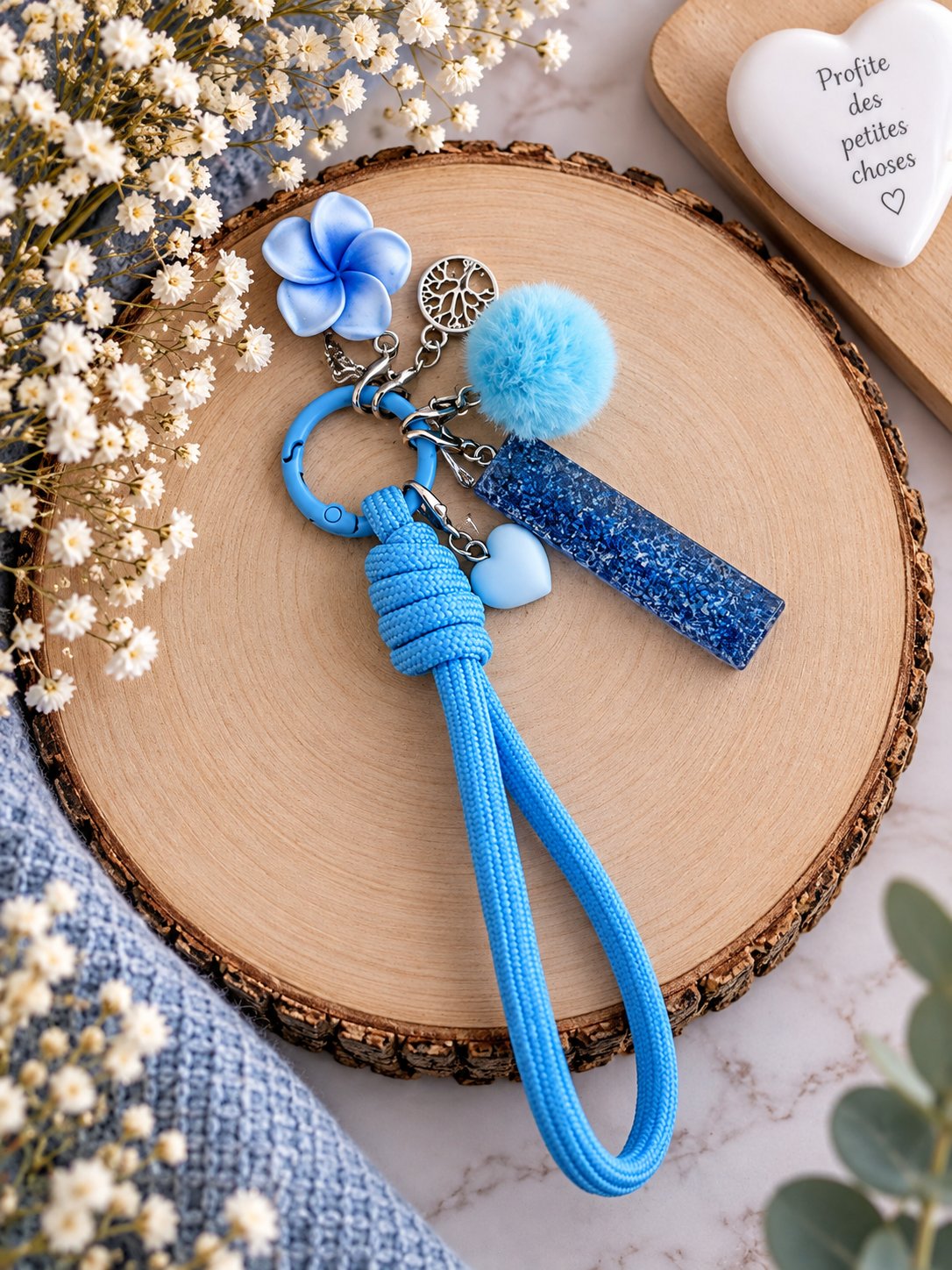 Porte-clés bleu avec pompon, fleur et breloque en résine — visuel 1
