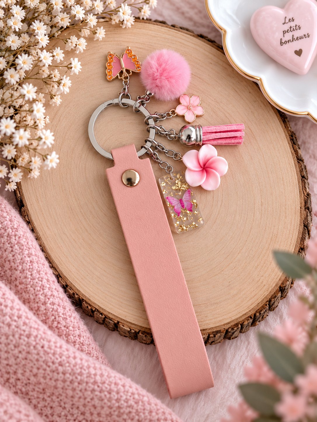 Porte-clés rose avec pompon, fleurs et breloques – Accessoire artisanal — visuel 1