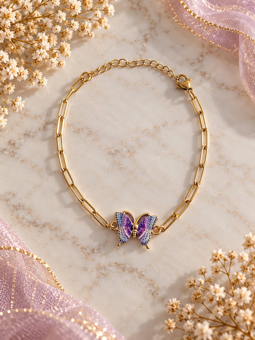 Bracelet papillon violet et doré – Chaîne en acier inoxydable — visuel 1