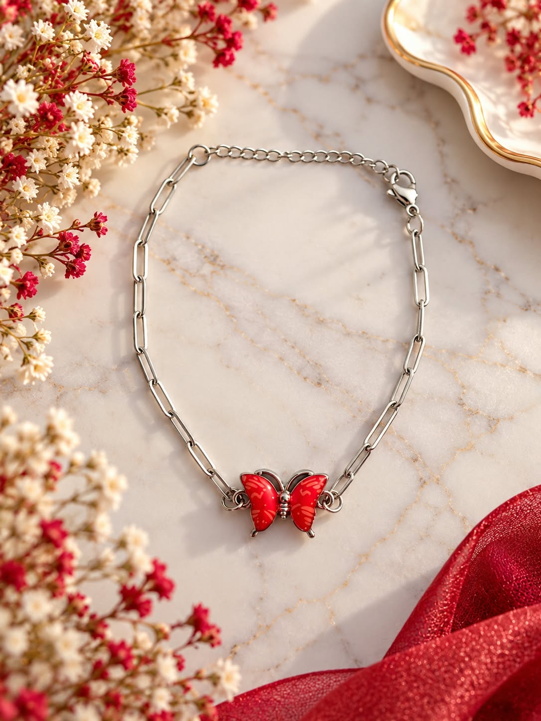 Bracelet papillon rouge et argenté – Chaîne en acier inoxydable — visuel 1