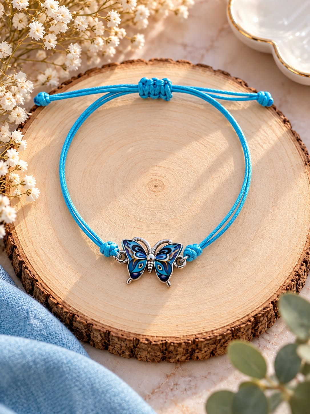 Bracelet bleu turquoise avec papillon bleu – Bijou fantaisie femme, bracelet réglable, idée cadeau originale — visuel 1