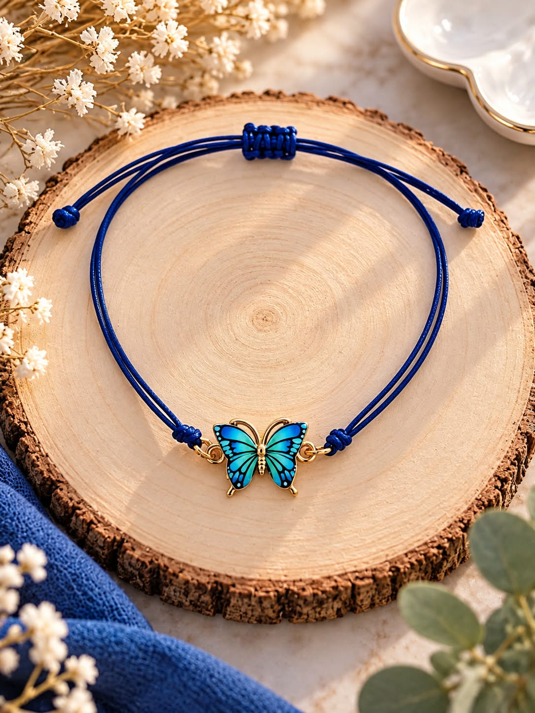 Bracelet bleu roi avec papillon turquoise – Bijou fantaisie réglable pour femme — visuel 1