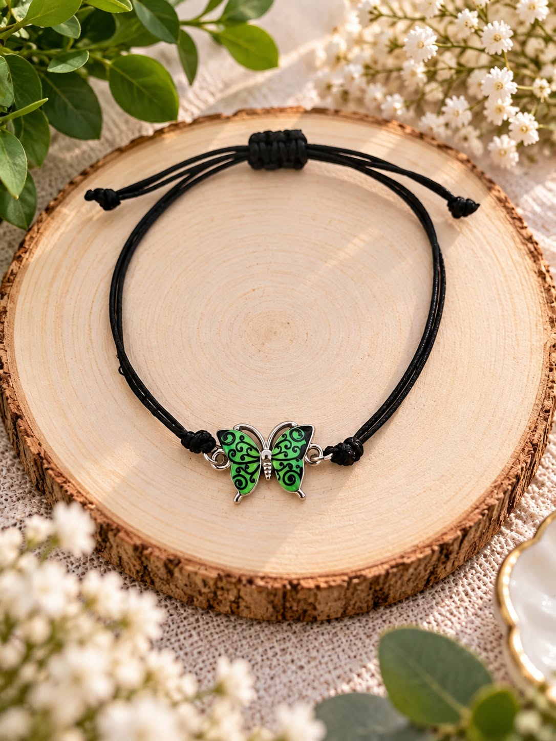 Bracelet papillon vert et noir sur cordon noir réglable — visuel 1