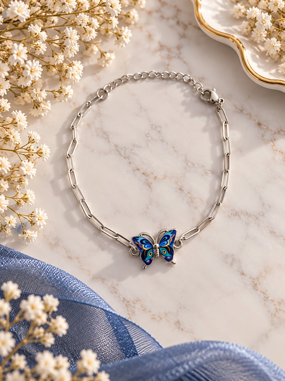 Bracelet papillon bleu multicolore – Chaîne en acier inoxydable — visuel 1