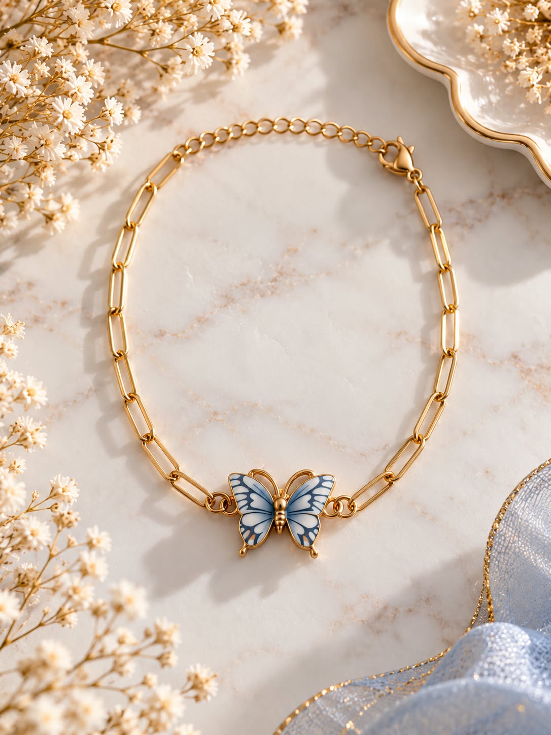Bracelet papillon gris et doré – Chaîne en acier inoxydable — visuel 1