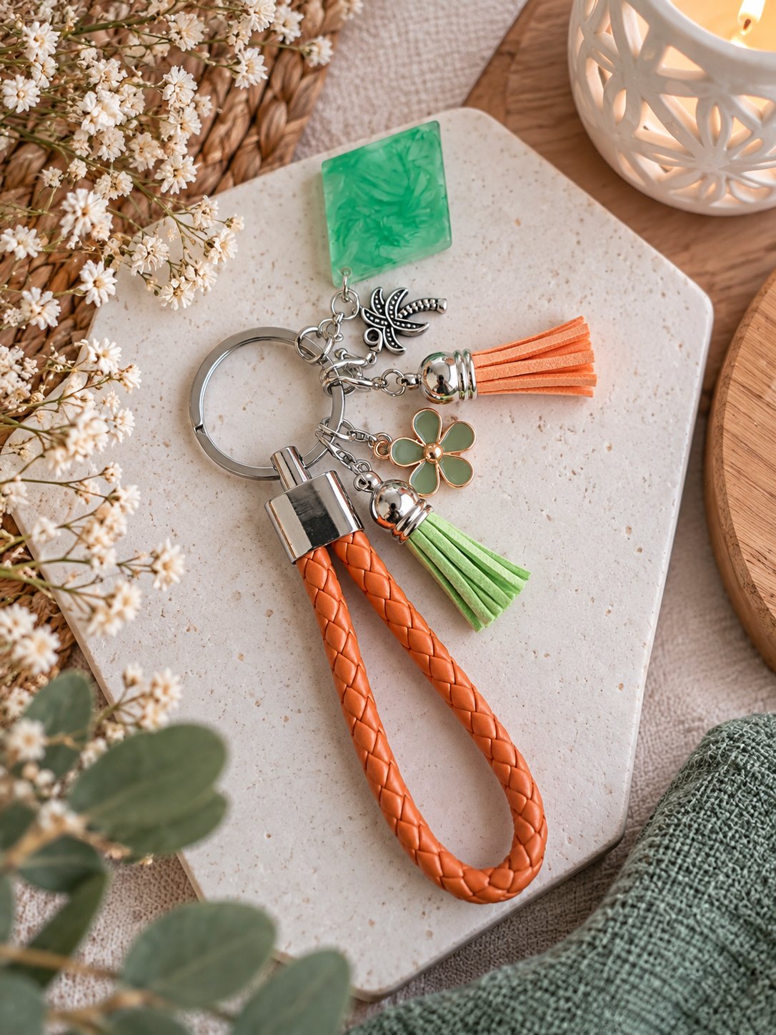 Porte-clés orange et vert avec pompons et breloques fleuries — visuel 1