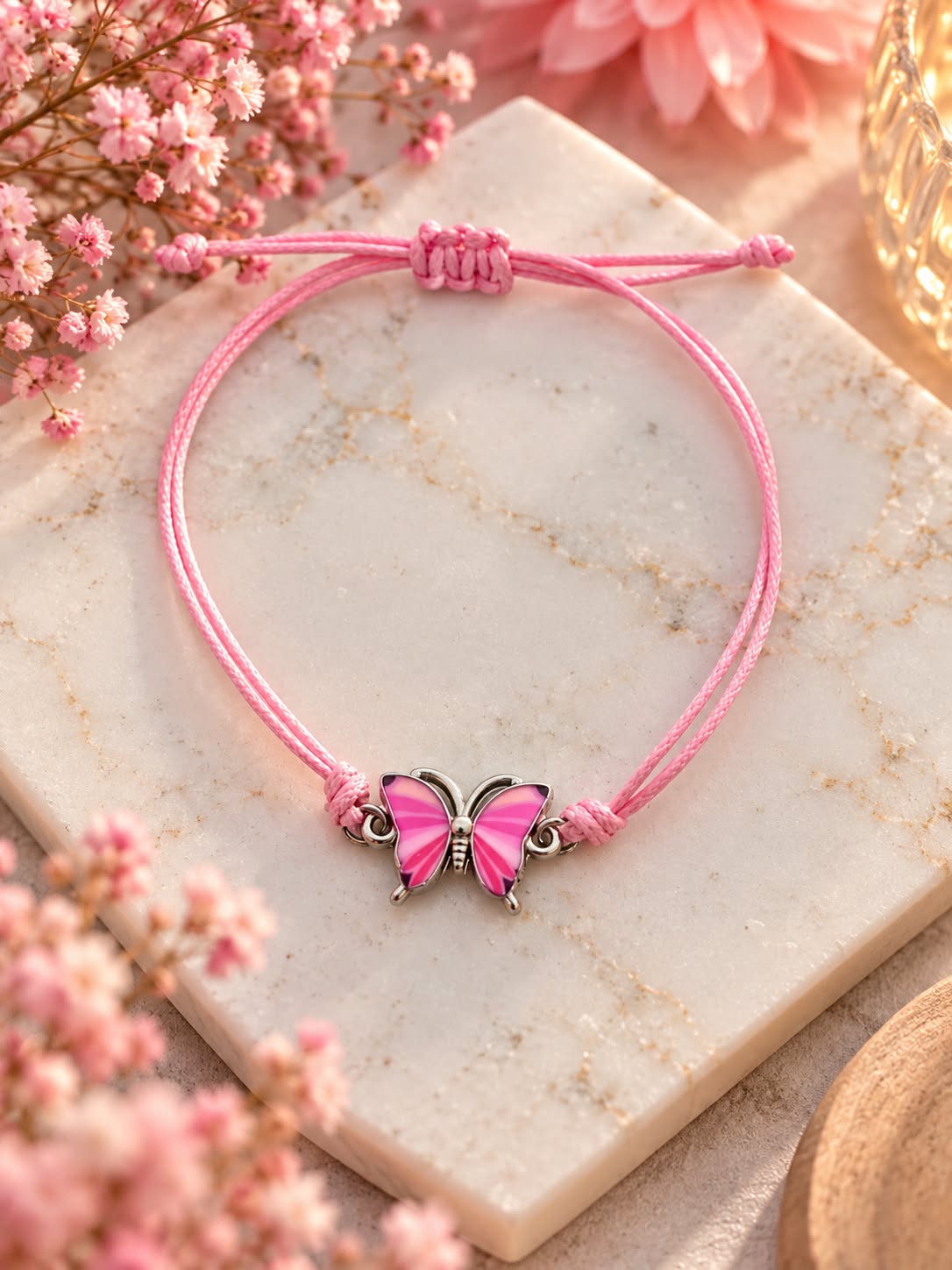 Bracelet papillon rose sur cordon rose réglable — visuel 1