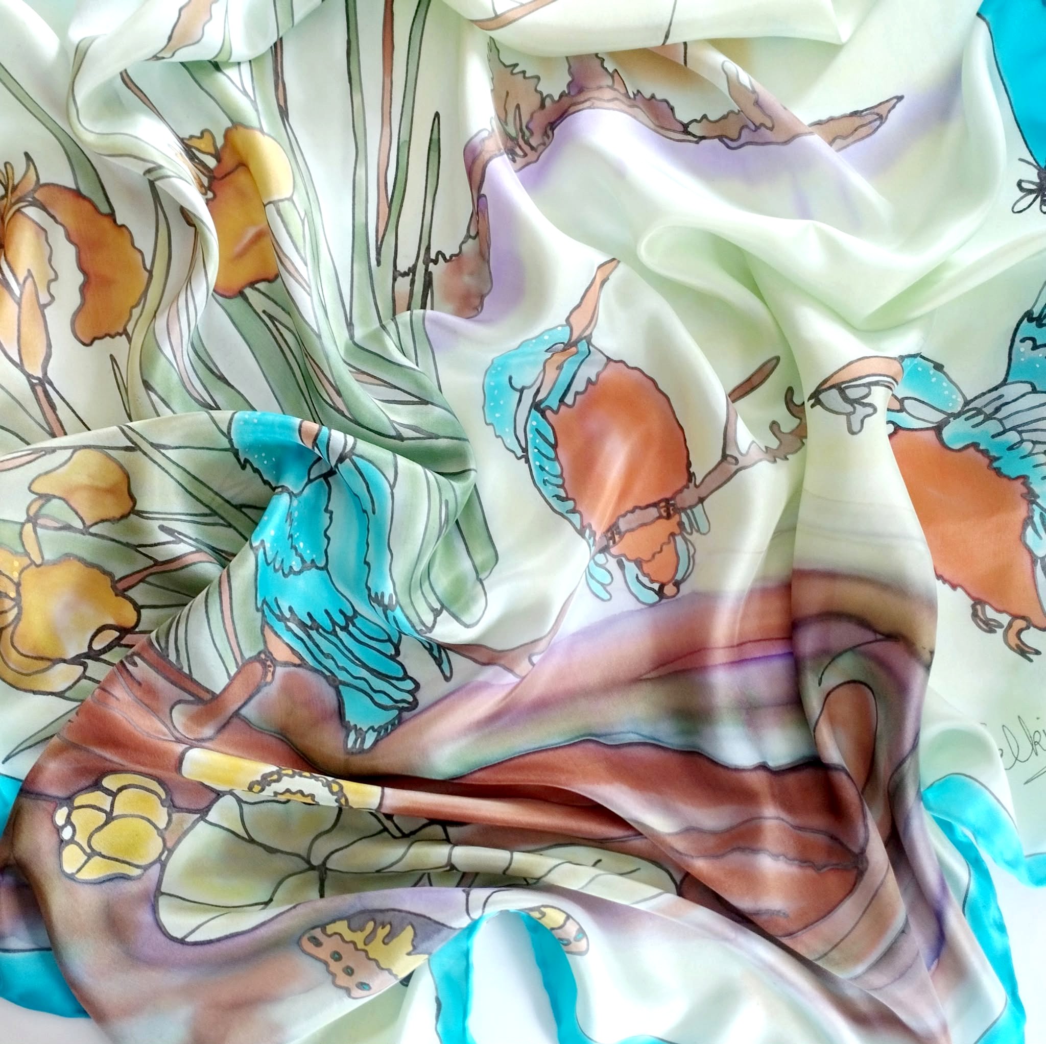 Foulard carré peint main sur soie naturelle