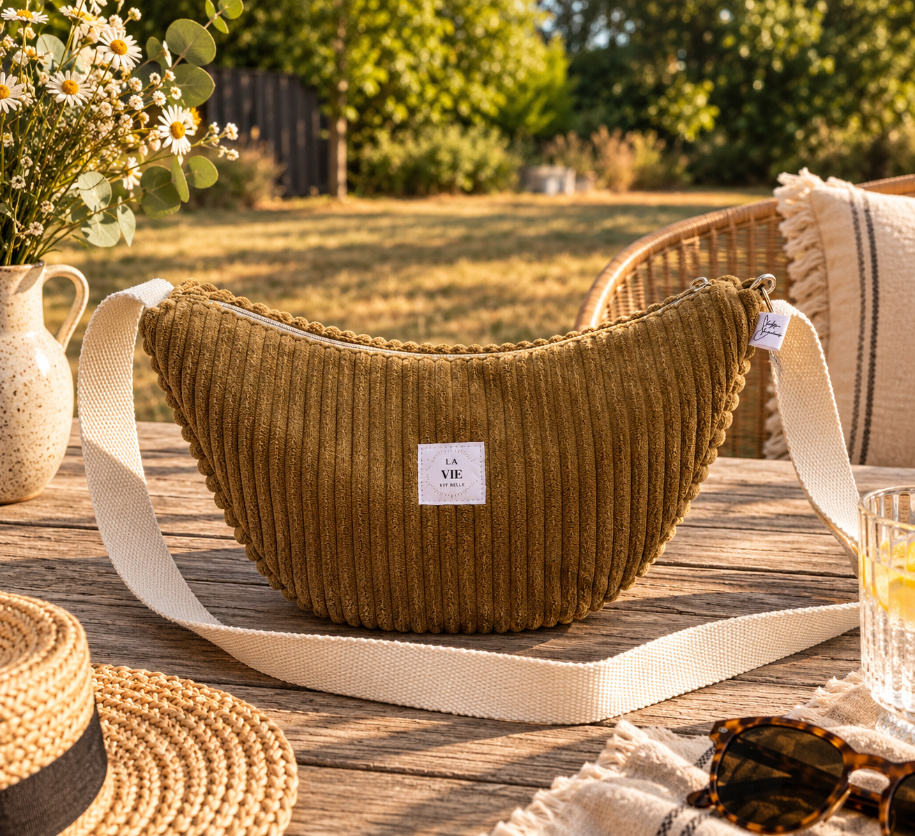 sac demi lune unique en velours grosses côtes uni — visuel 1